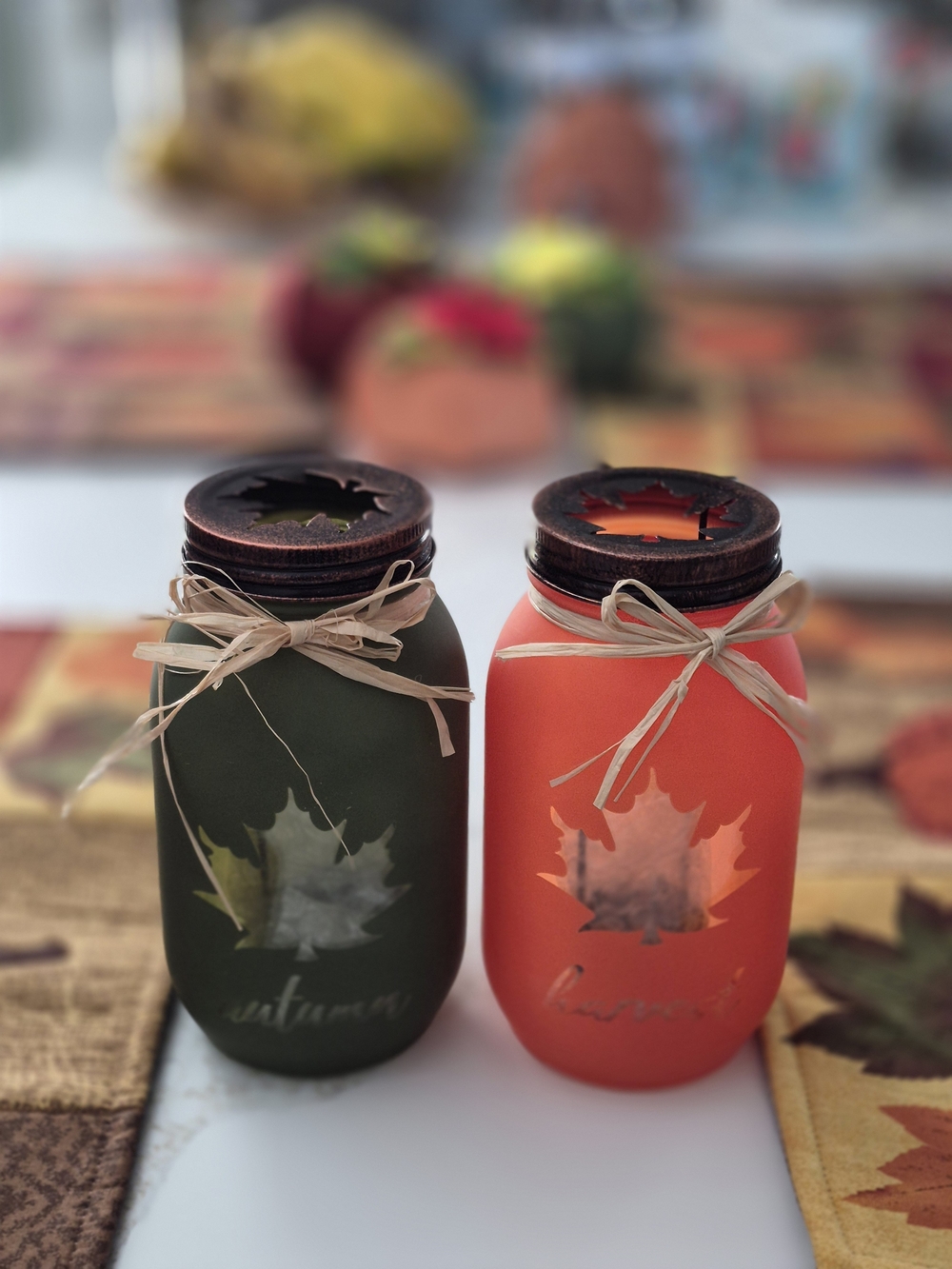 Autumn Leaf Mason Jar Votives - Orange and Green Set